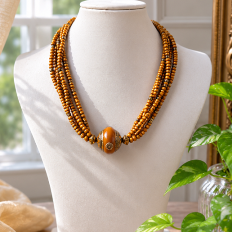4 line wooden bides with amber stone #TCAS05