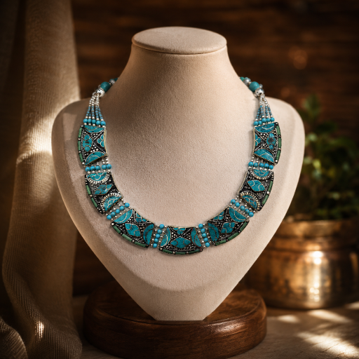 Natural Turquoise Sterling Silver Tibetan Necklace oo (1)
