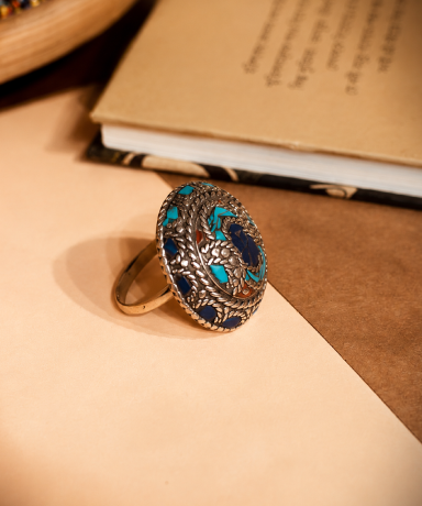 Nepali White Metal with Turquoise & Lapis Inlay Filigree Ring #TWMFR001