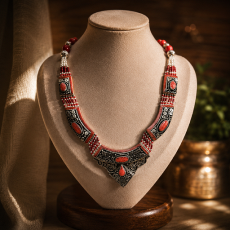 Red Coral Tribal Statement Necklace #TN20240014