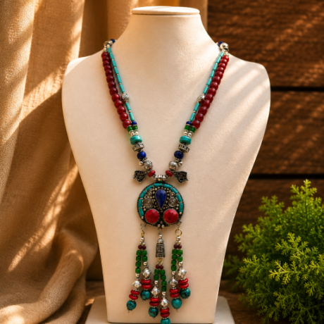 Tibetan turquoise red coral lapis gemstone necklace # TN2024006