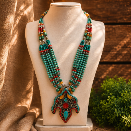 Turquoise & Coral Himalayan Statement Necklace #TN20240011