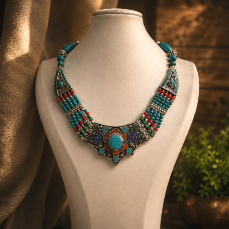 Turquoise Tribal statement Necklace #TN20240015
